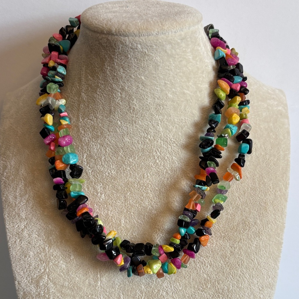 Multicolor Stone Chip Bead Necklace Layered Boho Statement Summer Spring  Color